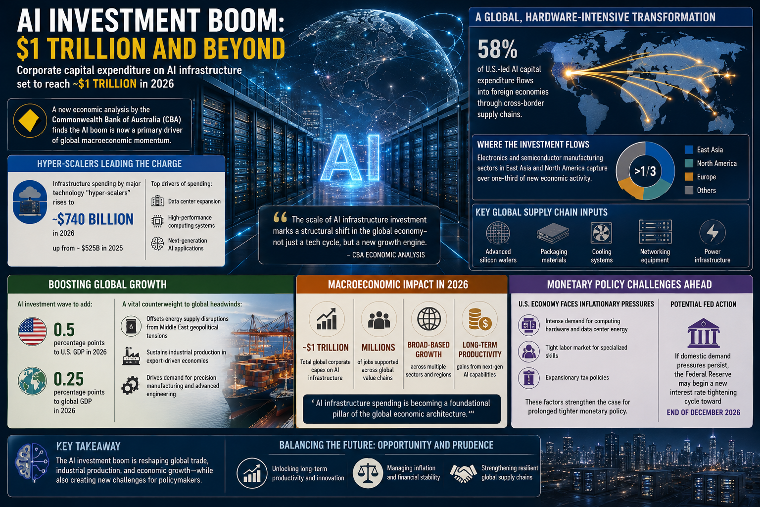 global AI investment, artificial intelligence infrastructure, technology capital expenditure, semiconductor supply chain, electronics manufacturing, macroeconomics 2026, international trade trends